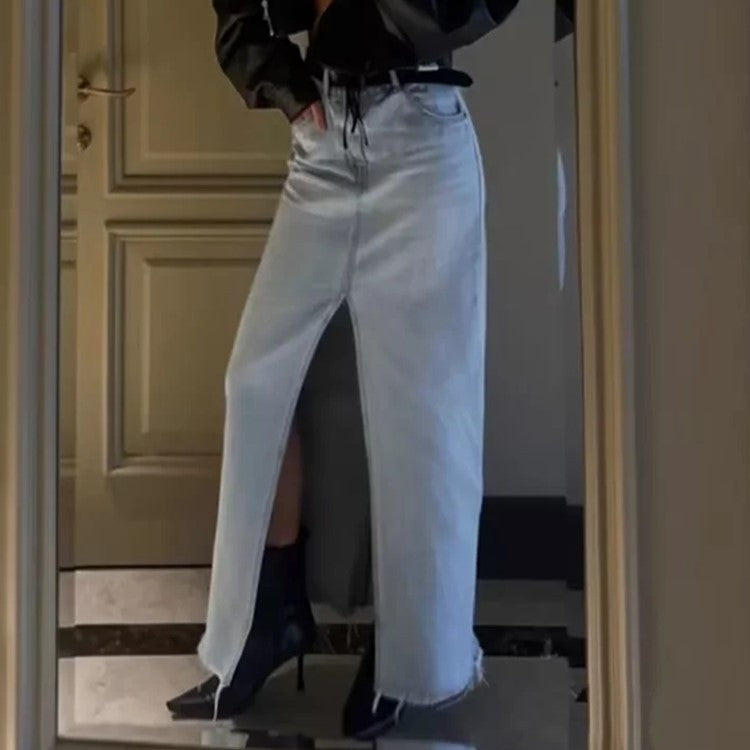 Chic Frayed High-Slit Denim Skirt