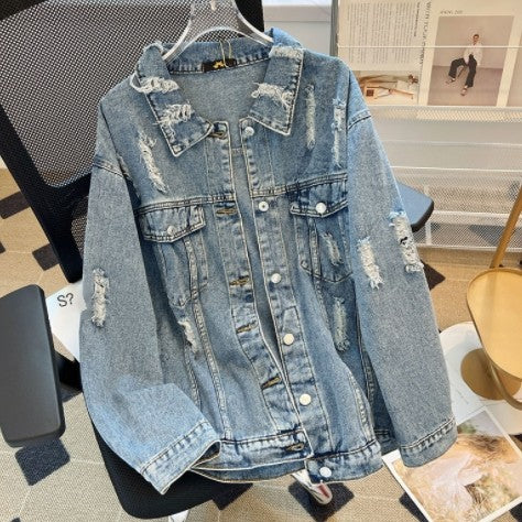 2017 Chic Long Distressed Denim Jacket