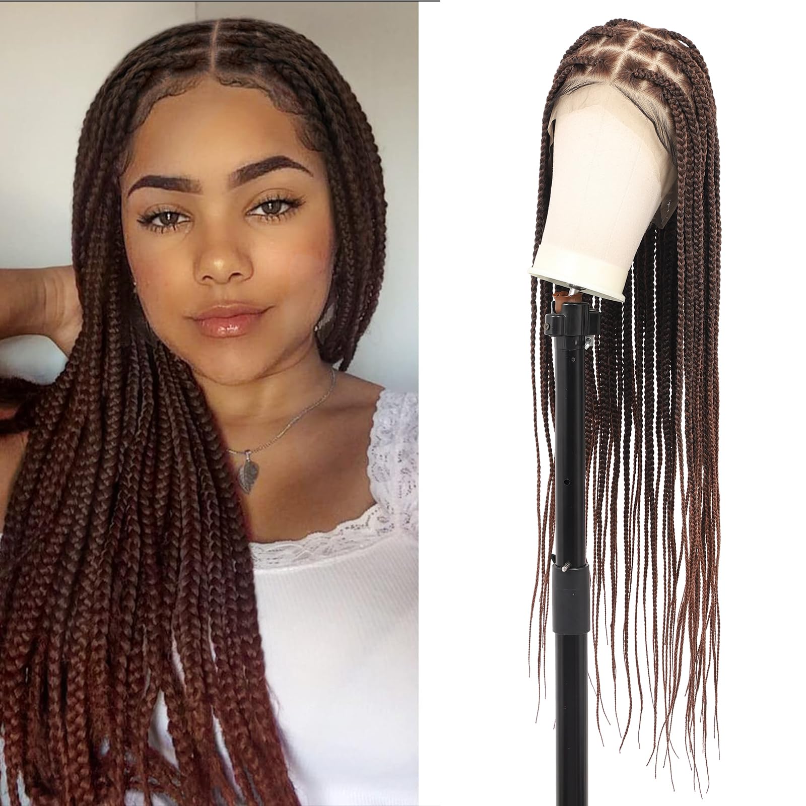 Kalyss 360° HD Full Lace Braided Wigs for Women Knotless Braided Wig with Baby Hair Brown Human Hair Blended Lace Front Box Braid Wig 36"