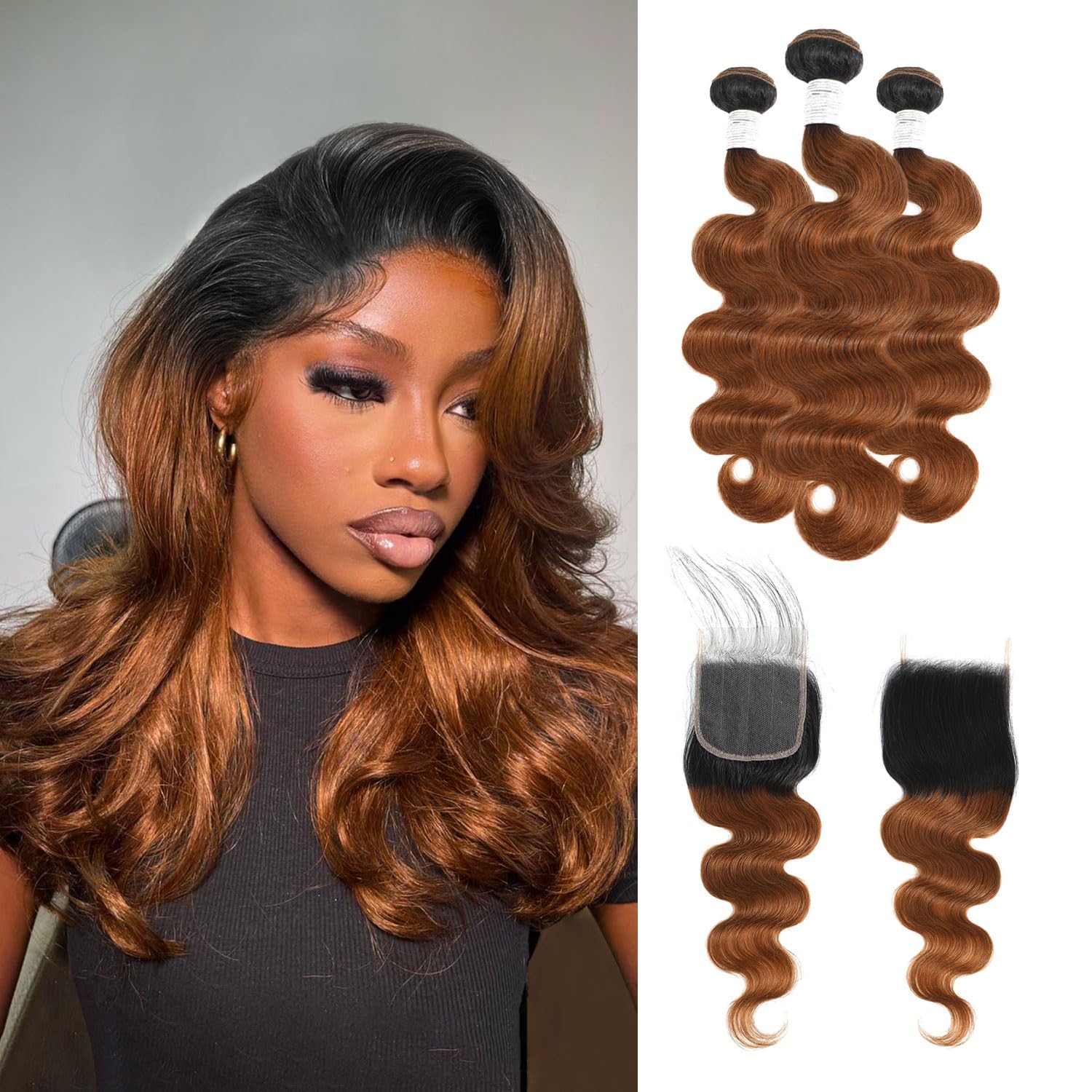 Auburn Blaze Ombre Wave 3 Bundles with HD Lace Closure