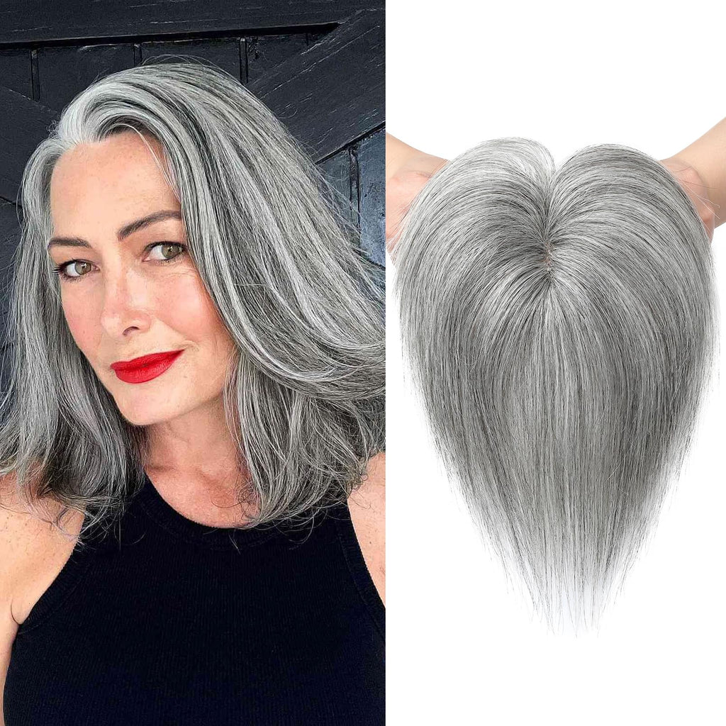 REECHO Human Hair Toppers 6 Inch Hair Toppers for Thin Hair Topper Hair Pieces with Bangs Real Human Hair Clip In Wig Hair Topper Top Hair Extensions - Grey