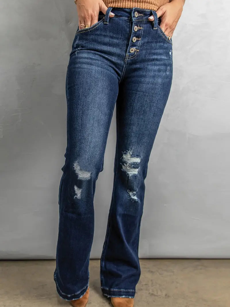 Distressed Dark Wash Bell Bottom Jeans for Women