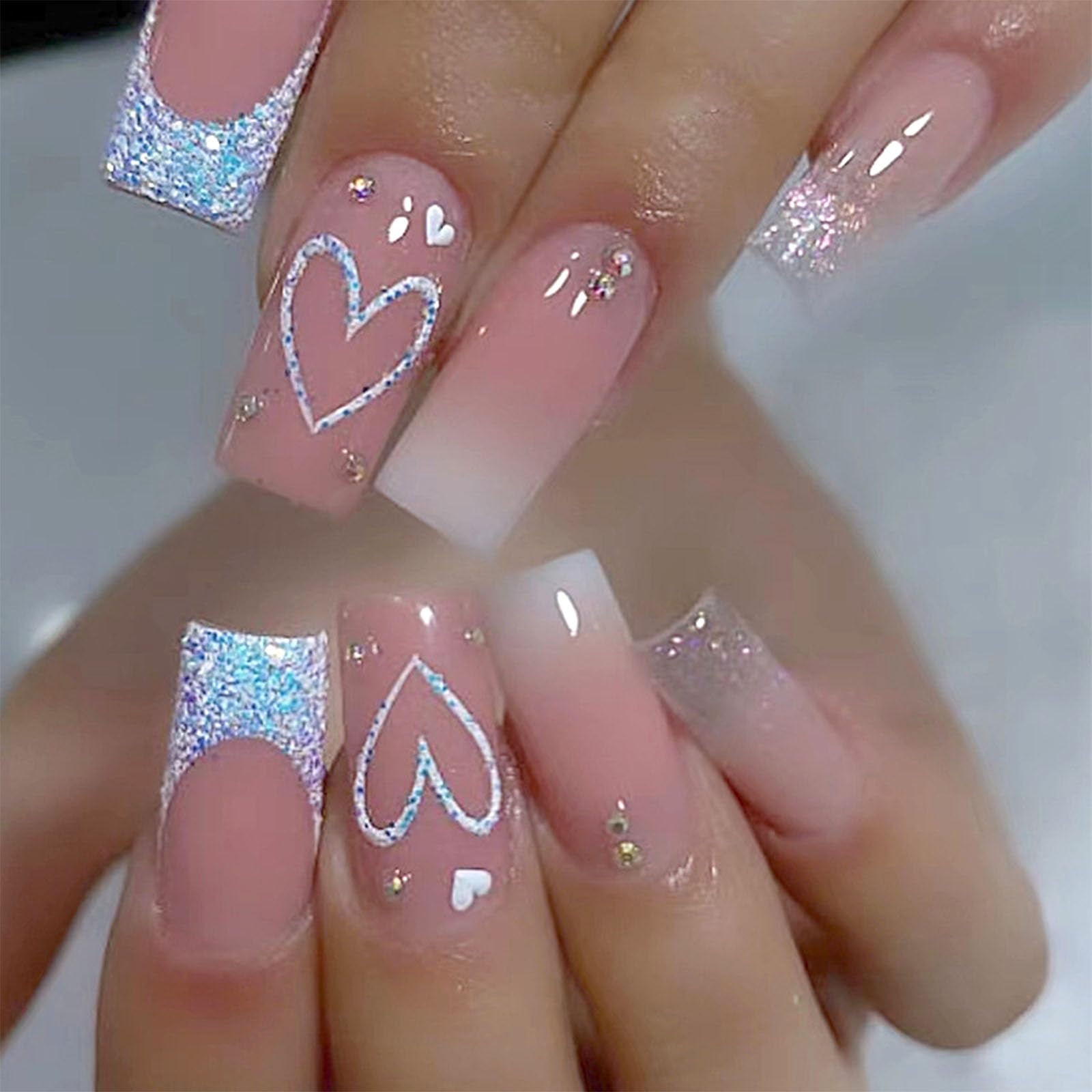 Chic Square French Tip Press-On Nails - 24pc Pink Gradient with Hearts