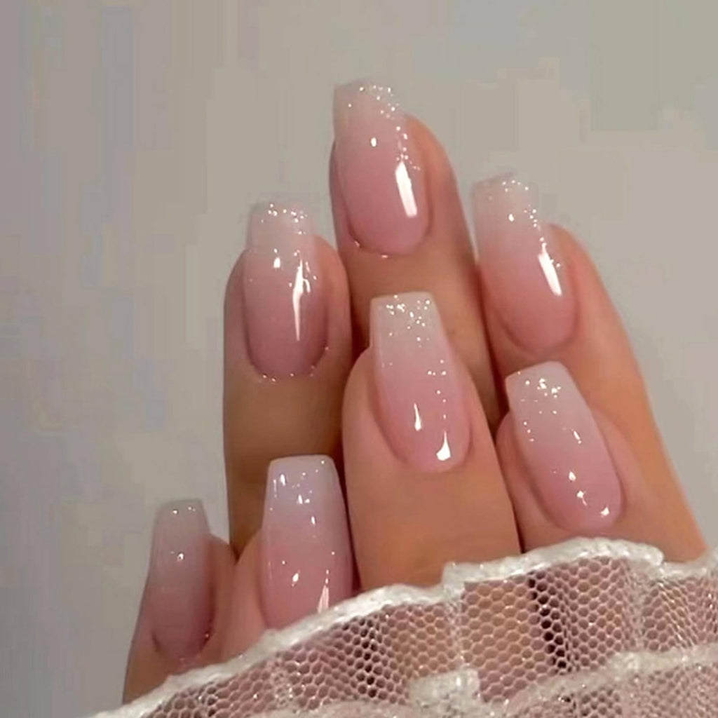 Coffin French Tip Pink Press-On Nails 24pcs Long