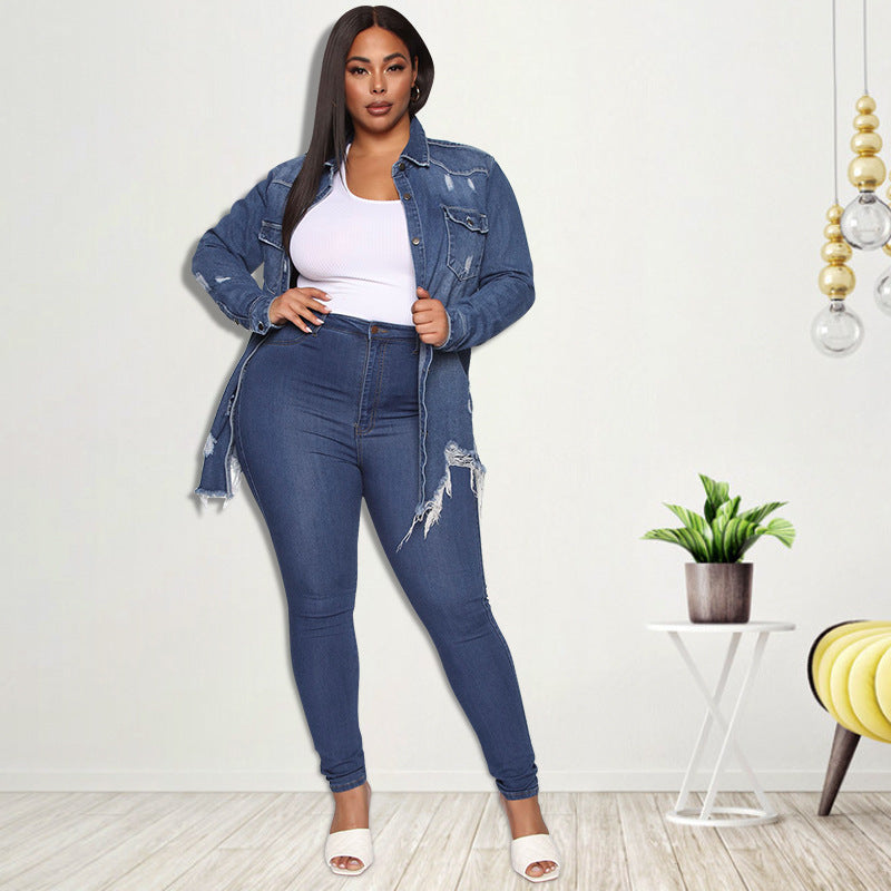 Distressed Denim Trench for Women