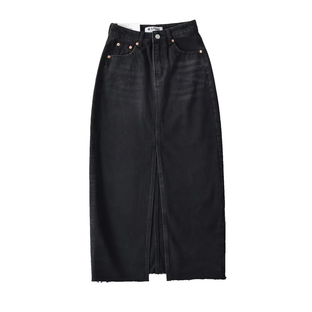 Chic Frayed High-Slit Denim Skirt