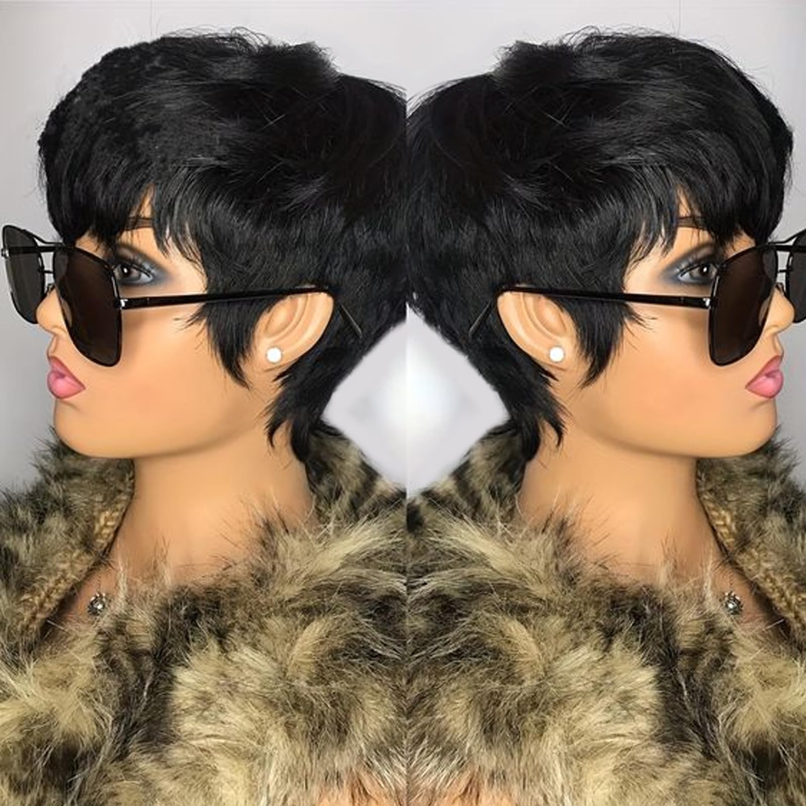 Rofa Short Human Hair Wigs with Bangs Short Layered Pixie Wigs for Black Women Short Bob Wig Human Hair Full Machine Made Wigs 1B Color