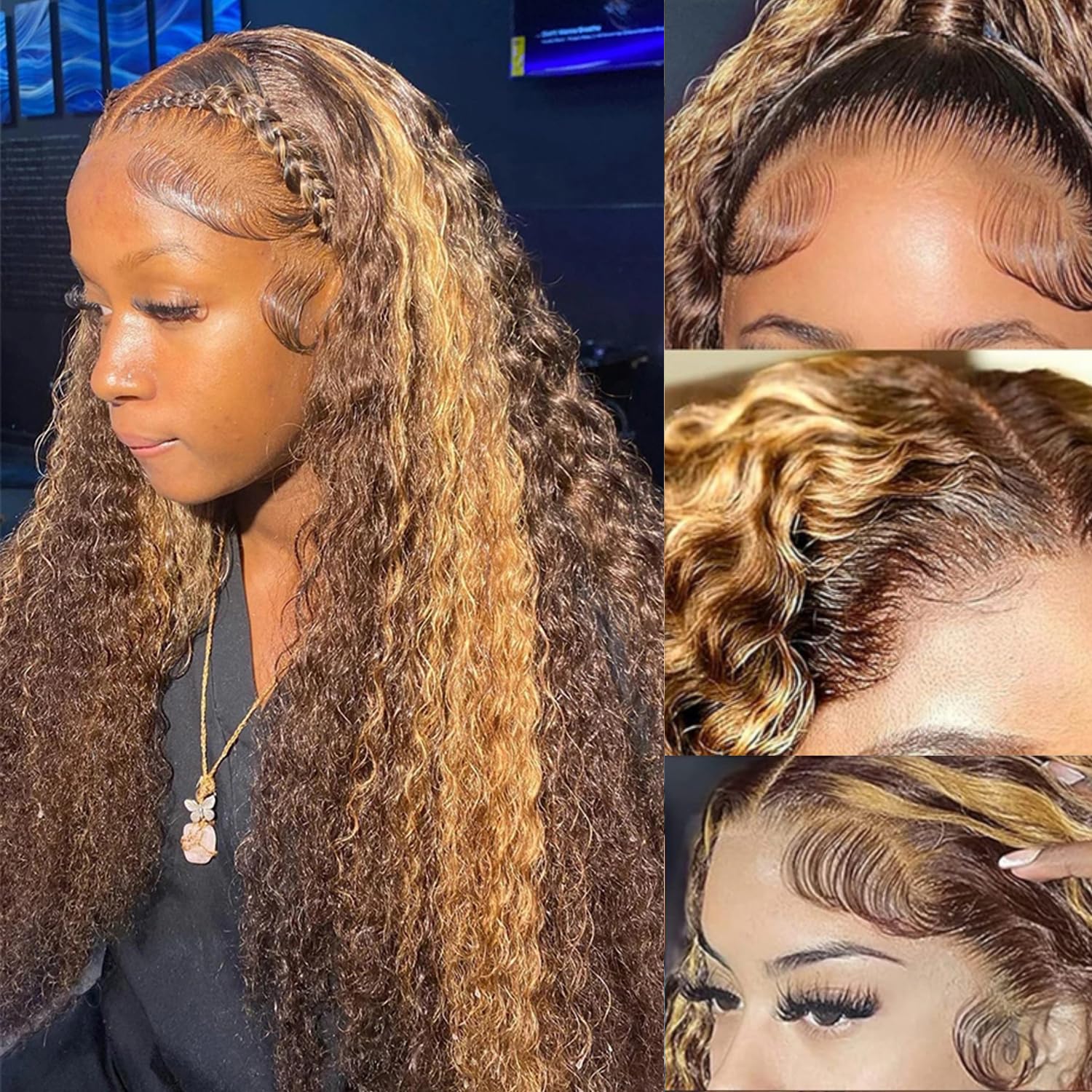 Perselene Ombre Highlight Deep Wave Lace Front Wigs Human Hair P4/27 13x4 Honey Blonde Curly Frontal Wigs 180 Density Wet and Wavy Human Hair Wig Pre Plucked With Baby Hair 30 Inch