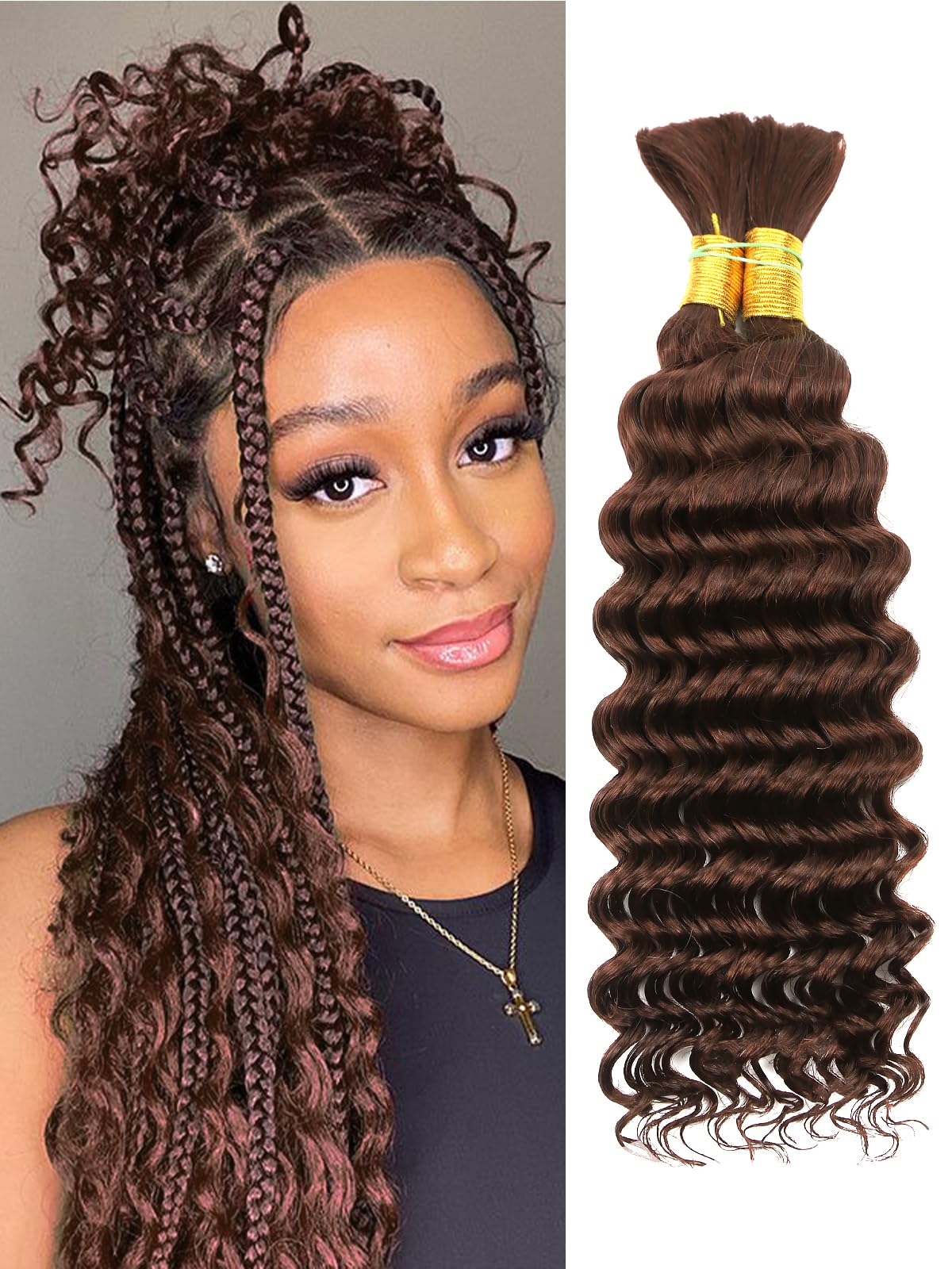 Chocolate Brown Human Braiding Hair Deep Wave Bulk Human Hair for Braiding 4# Color No Weft Curly Braiding Hair Extensions for Boho Braids Wet and Wavy Braiding Human Hair Bundles(22inch#4100g)