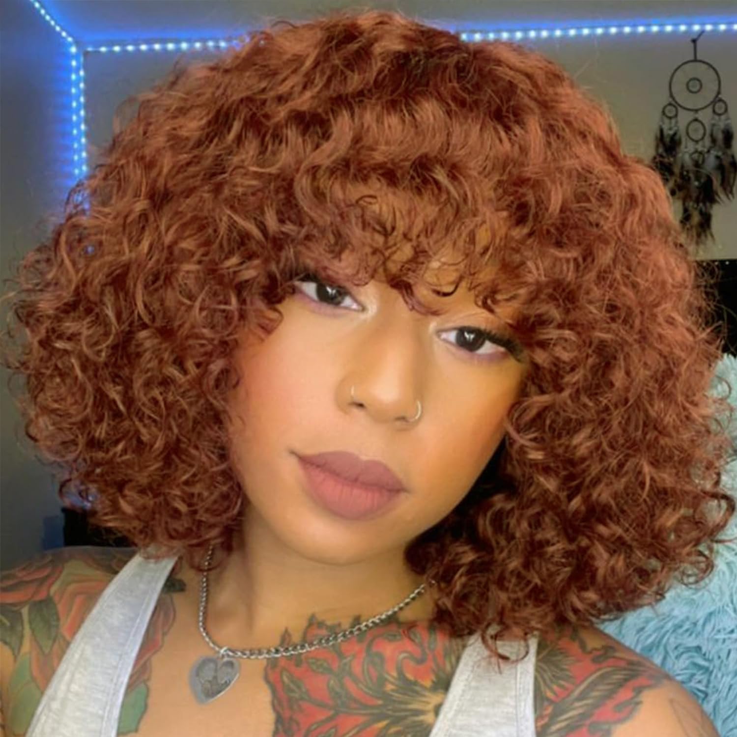 HUA Ginger Wig Human Hair With Bangs 12 Inch Ginger Orange Deep Wave Bob Human Hair Wigs for Black Women Glueless 350 Short Curly Human Hair Wig With Bangs for Black Women 180 Density Wear and Go Wig