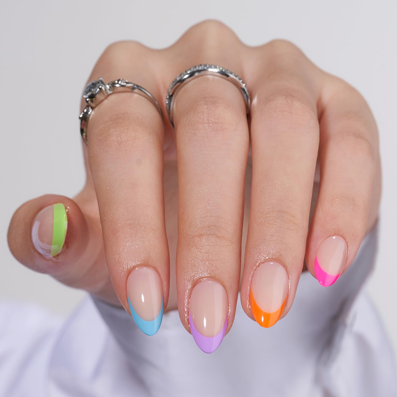 BTArtbox Soft Gel Almond Nails - Neon Rainbow French Tips