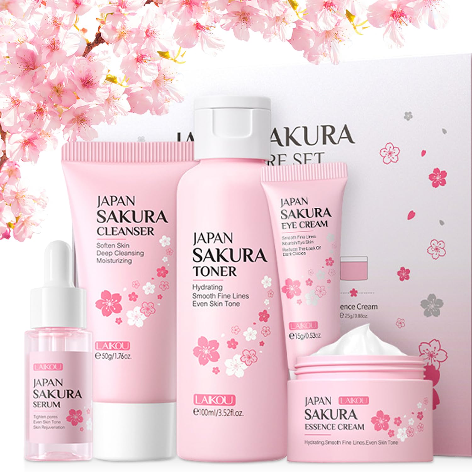 5Pc Sakura Moisture Boost Beauty Kit - Korean Skincare with Cleanser, Serum, Cream, Toner, and Mud Mask