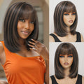 Chic Brown Bob Bangs Wig 14inch Synthetic