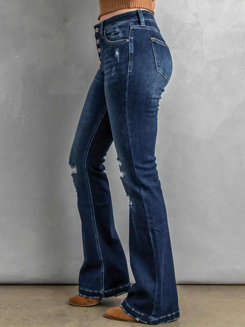Distressed Dark Wash Bell Bottom Jeans for Women