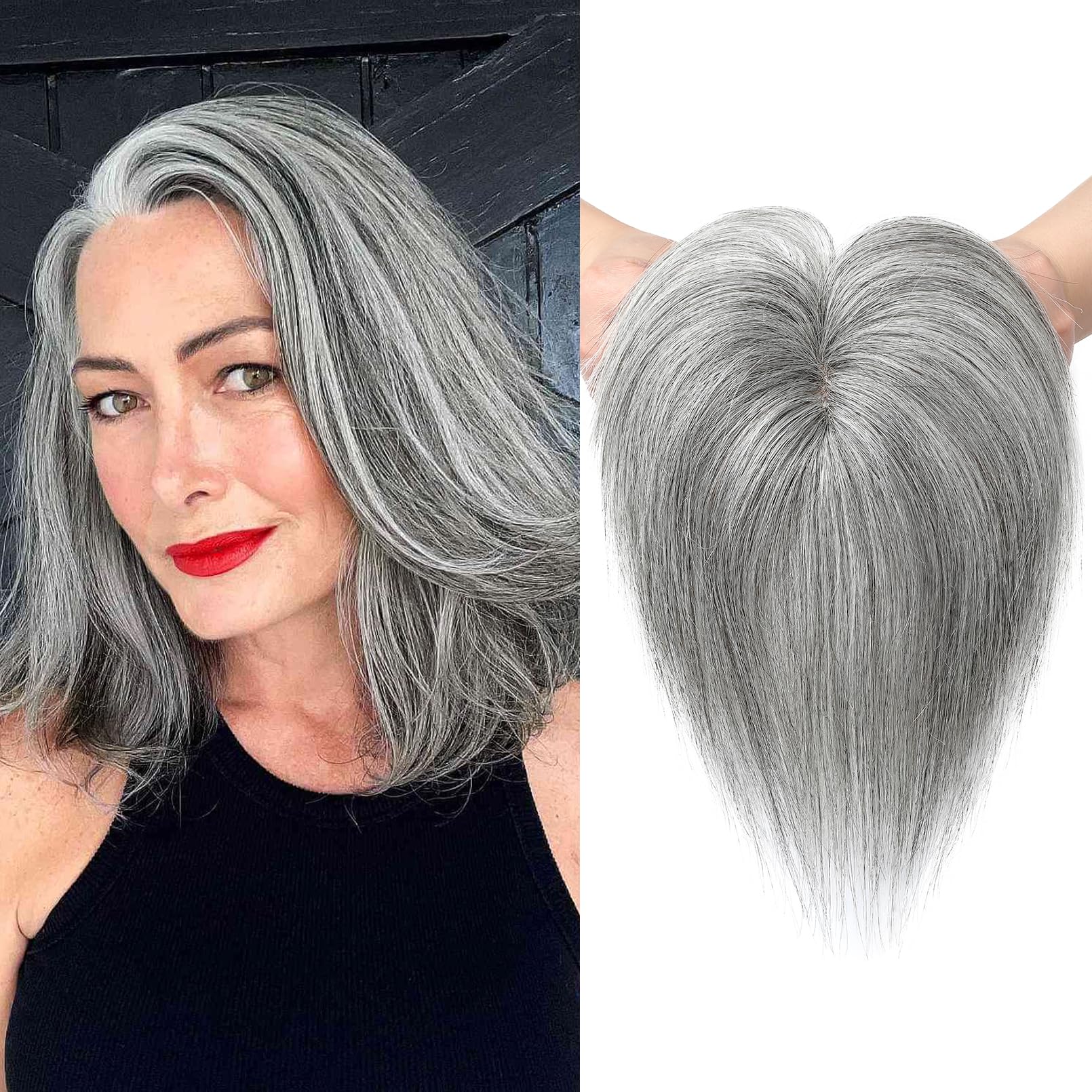 REECHO Human Hair Toppers 6 Inch Hair Toppers for Thin Hair Topper Hair Pieces with Bangs Real Human Hair Clip In Wig Hair Topper Top Hair Extensions - Grey