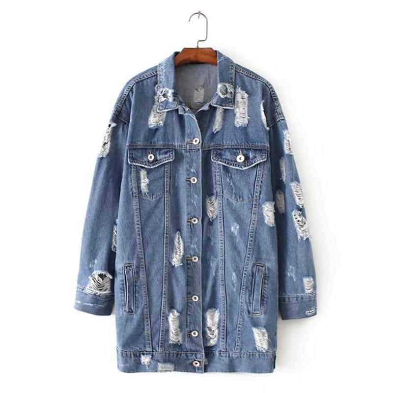 2017 Chic Long Distressed Denim Jacket