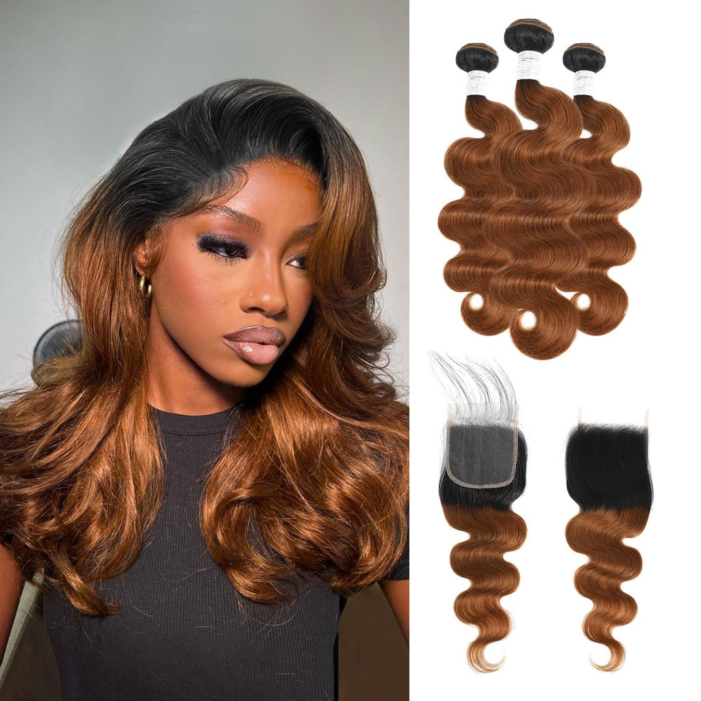 Auburn Blaze Ombre Wave 3 Bundles with HD Lace Closure