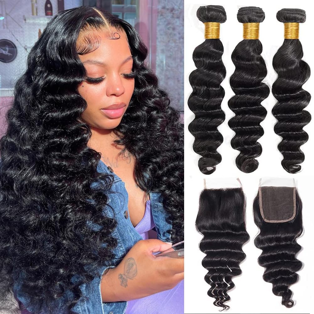 Brazilian Loose Deep Wave Hair Bundle Set with Lace Closure