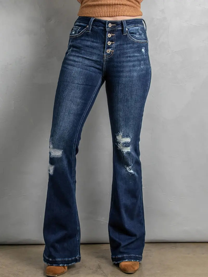 Distressed Dark Wash Bell Bottom Jeans for Women