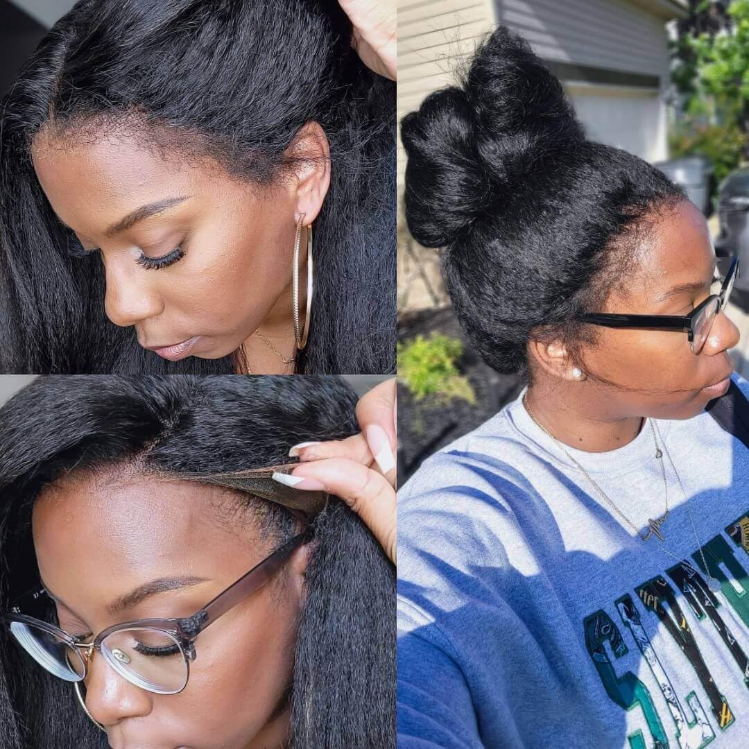 Youleas 360 Lace Front Wigs Human Hair Pre Plucked Bleached Knots 4C Curly Edges Hairline 180% Density Kinky Straight Human Hair Wig 360 HD Full Lace Frontal Wig Human Hair (16inches)