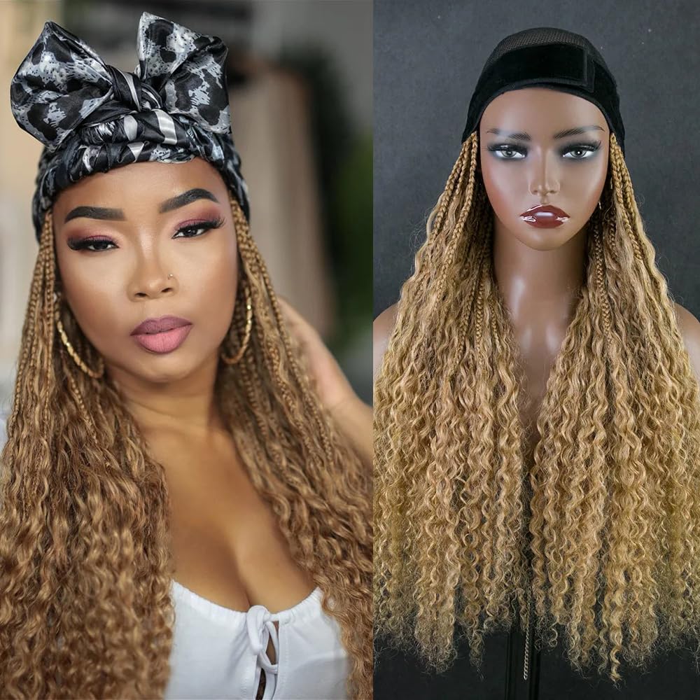 JZhair #27 Honey Blonde Braids Band Wig With Human Hair Curly Ends Boho Box Braids Head Band Wig Grab And Go Braided Hair Extensions For Women Color 27 20 Inch