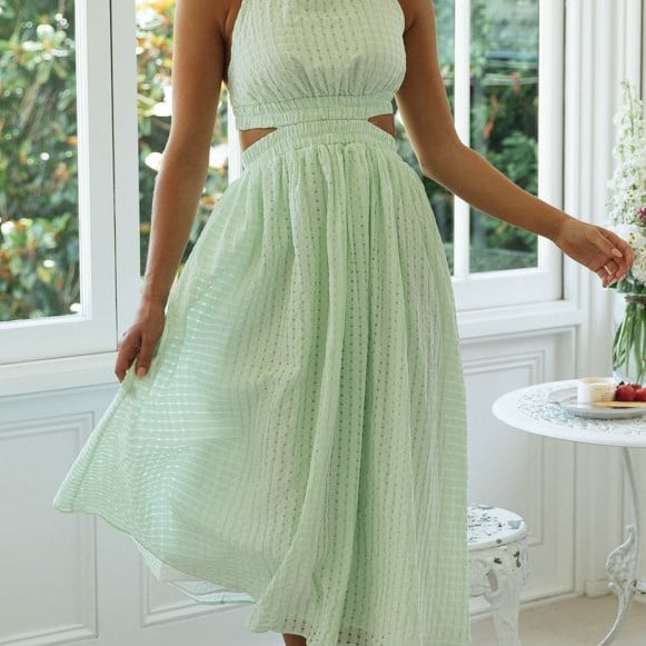 Cropped Elastic Back Ribbon Long Dress