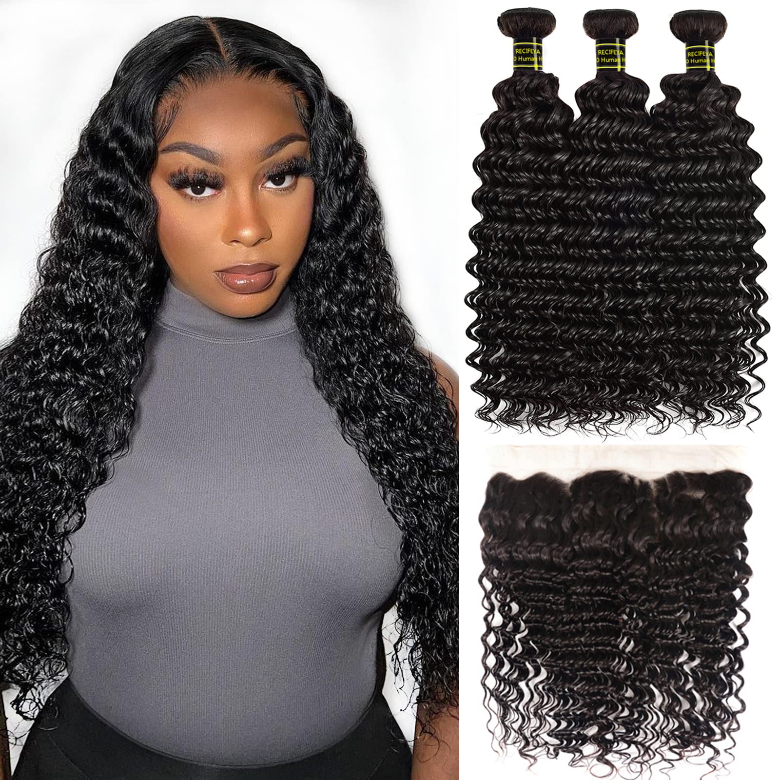 Brazilian Deep Wave Virgin Hair Bundles with Lace Frontal