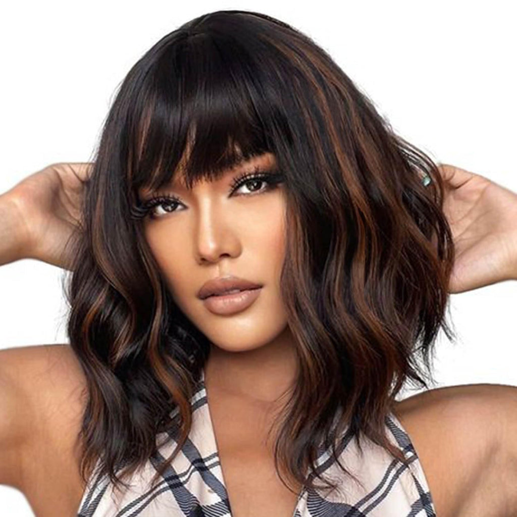 Chic Short Bob Curly Wig with Bangs - Black and Brown Mix