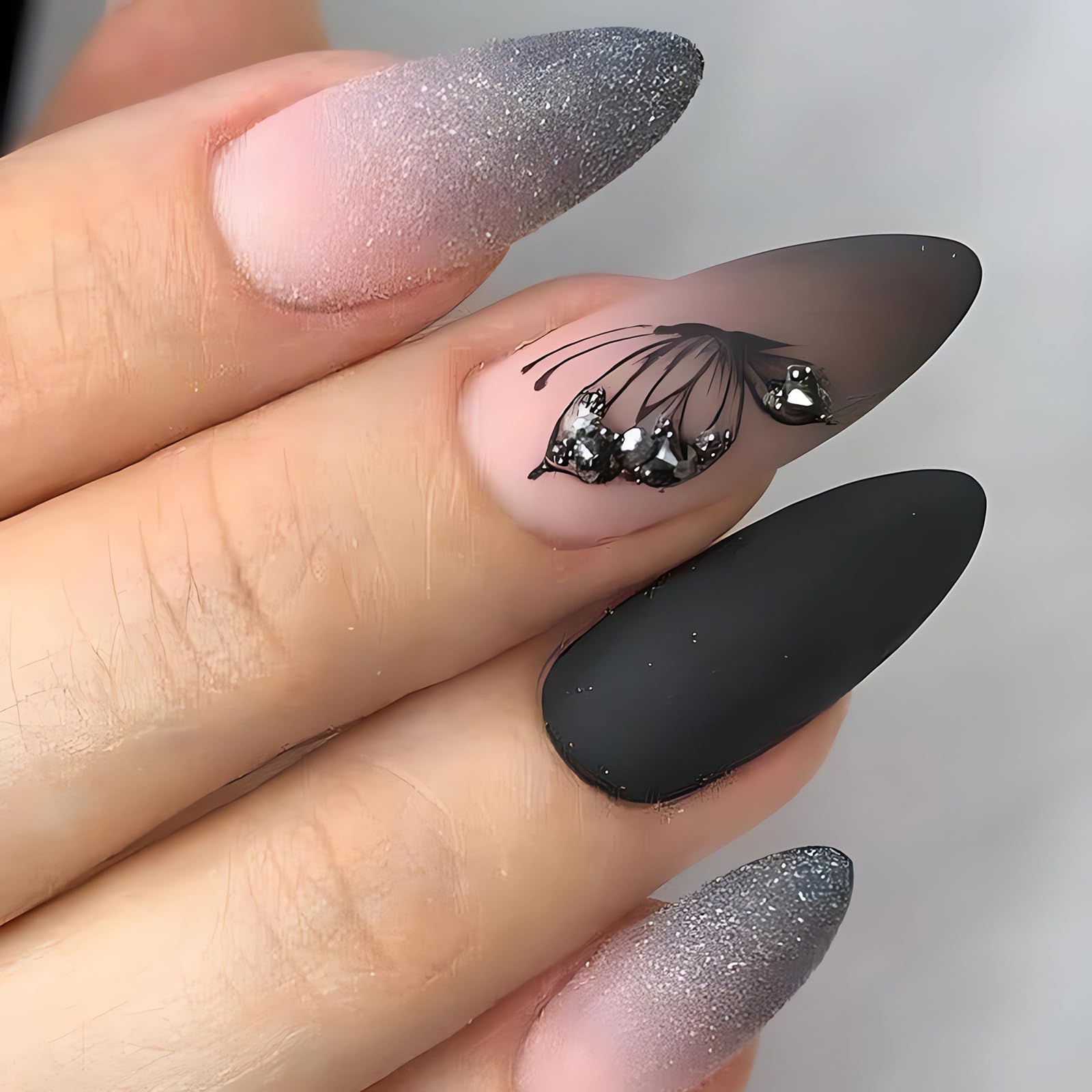 Almond Black Press-On Nails with 3D Butterfly Gloss