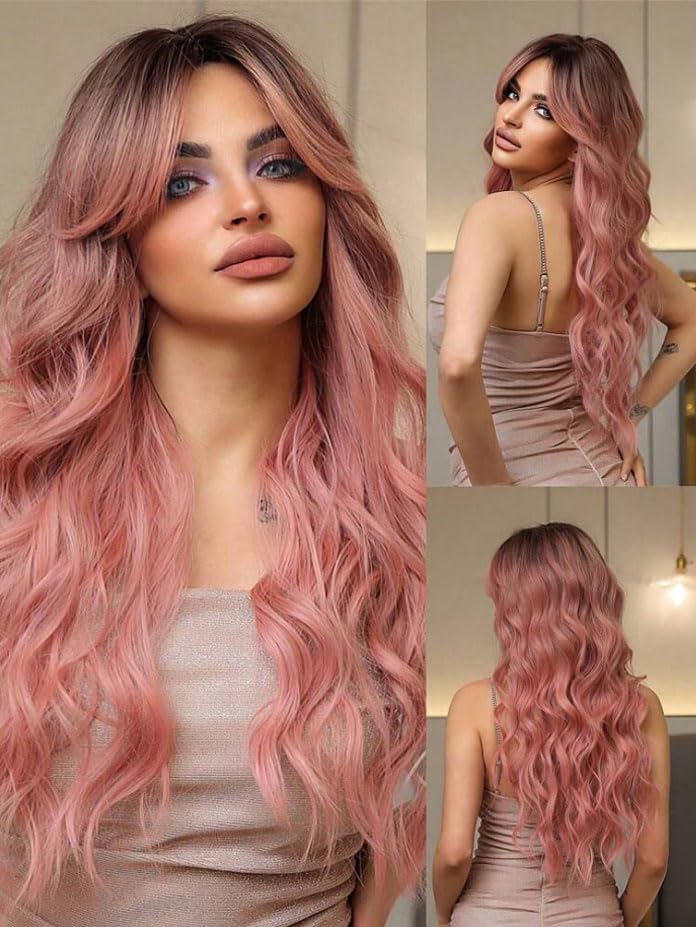 Billowig Long Ombre Pink Wavy Wig for Women 28 Inch Middle Part Long Wavy Curly Wig Natural Looking Long Wavy Pink Wig Synthetic Ombre Hair Wig Pink Wig With Dark Root