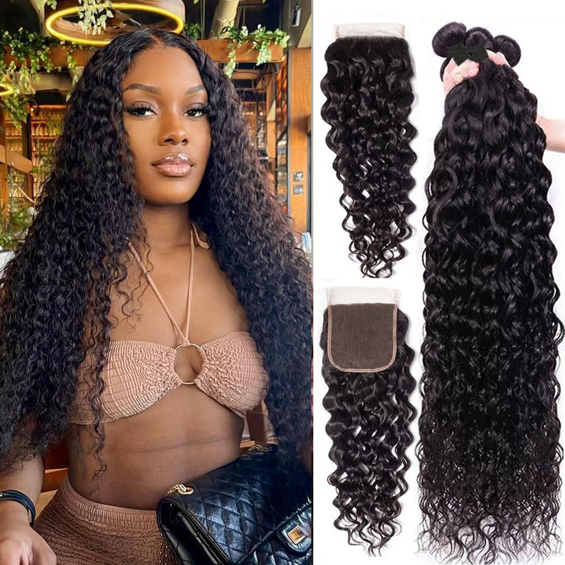 Brazilian Water Wave Hair Bundle with Free Part Closure