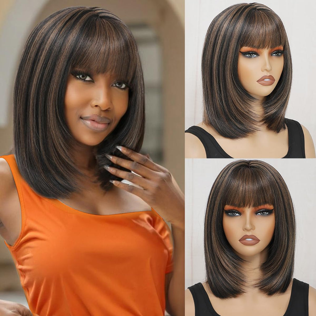 Chic Brown Bob Bangs Wig 14inch Synthetic