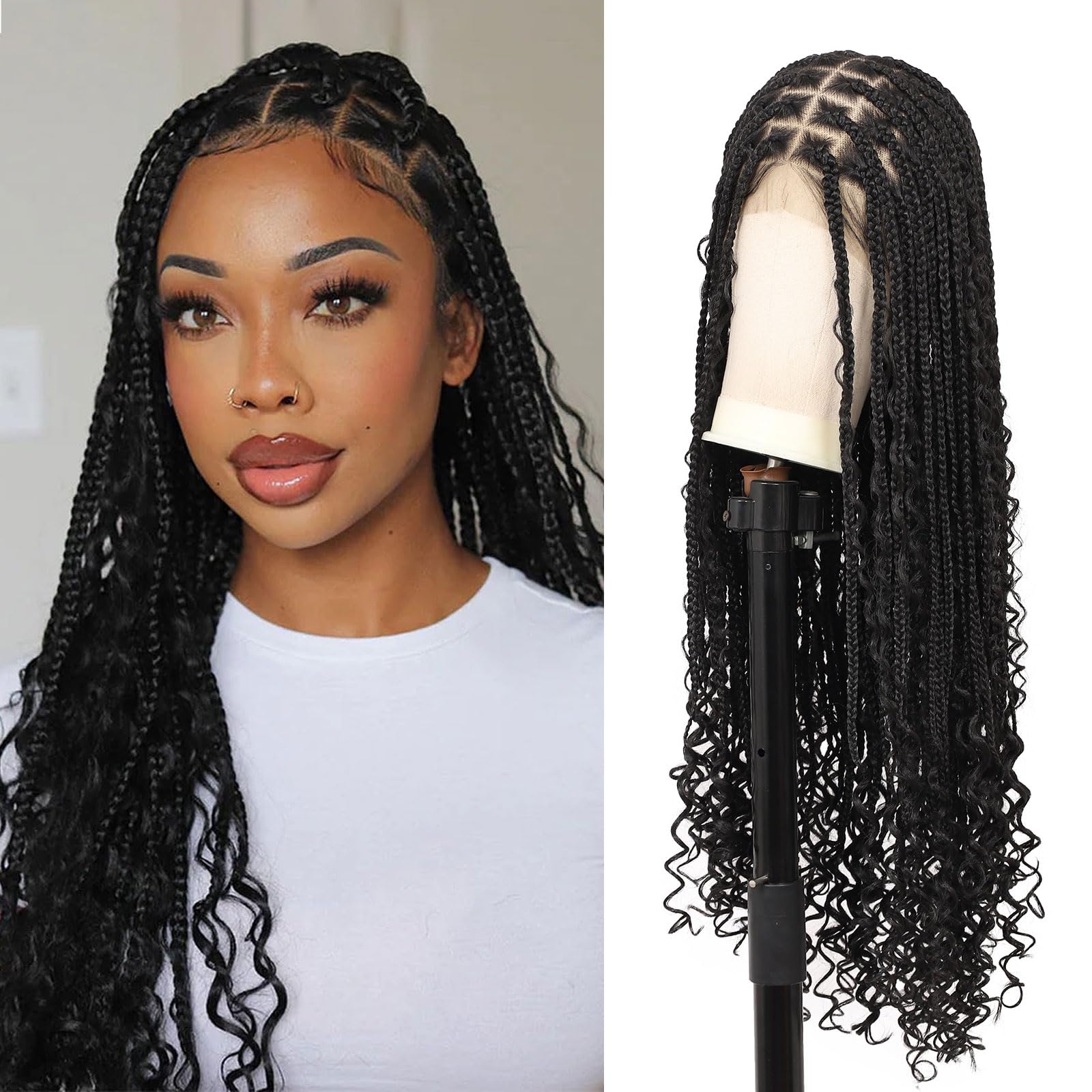 Fecihor 13x8 Inch HD Lace Front Boho Knotless braided Wigs For Women 36" Braided Wig With Baby Hair Braid Lace Front Wig Human Hair Blended Bohemian Braiding Wig