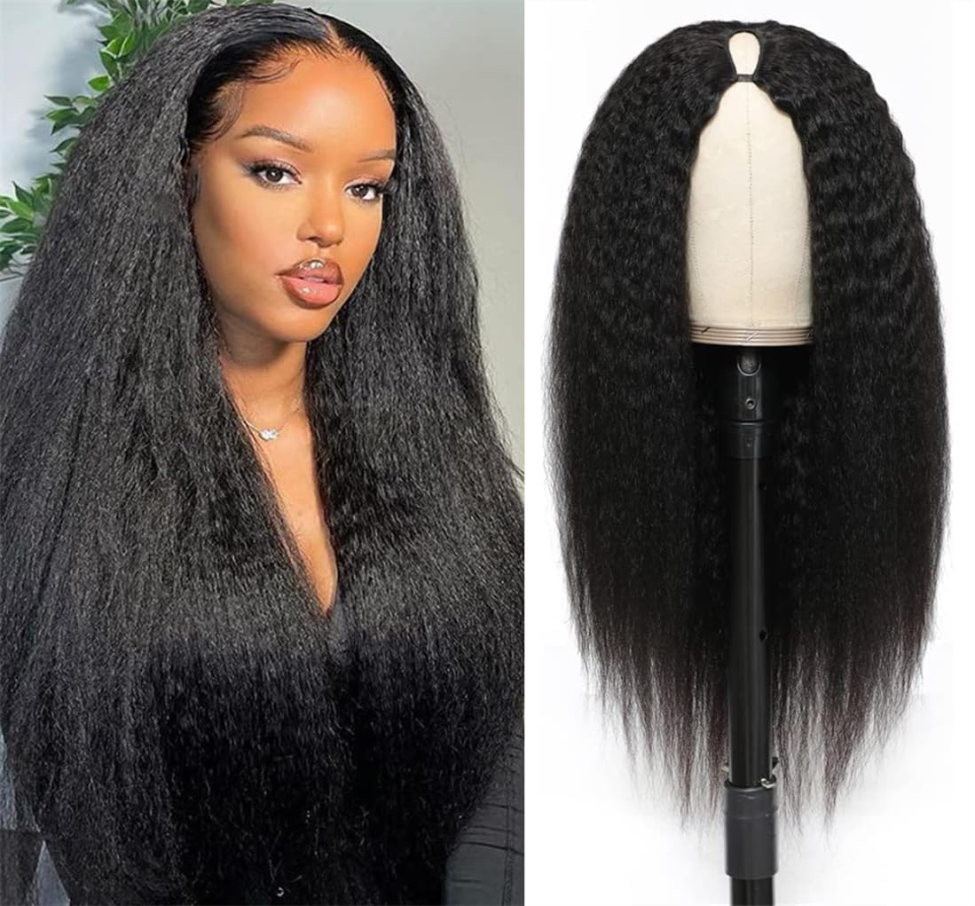V Part Wig Human Hair Kinky Straight Human Hair Wigs for Black Women 150% Density Yaki V Part Wig Human Hair Upgrade U Part Glueless Full Head Clip In Half Wig V Shape Wigs Yaki Straight Human Hair Wig 26 inch