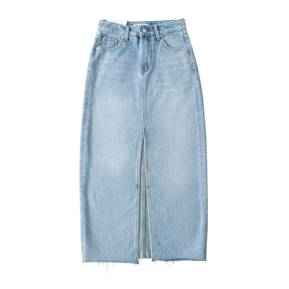 Chic Frayed High-Slit Denim Skirt