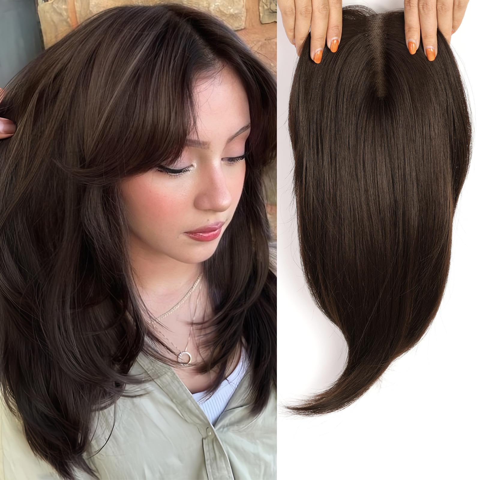 starluck 18 Inch Light Chestnut Brown Hair Toppers for Women Synthetic Hair Toppers Hair Pieces Swiss Base with 3 Clips in Wiglets Toppers for Women with Thinning Hair Grey Hair Hair Loss