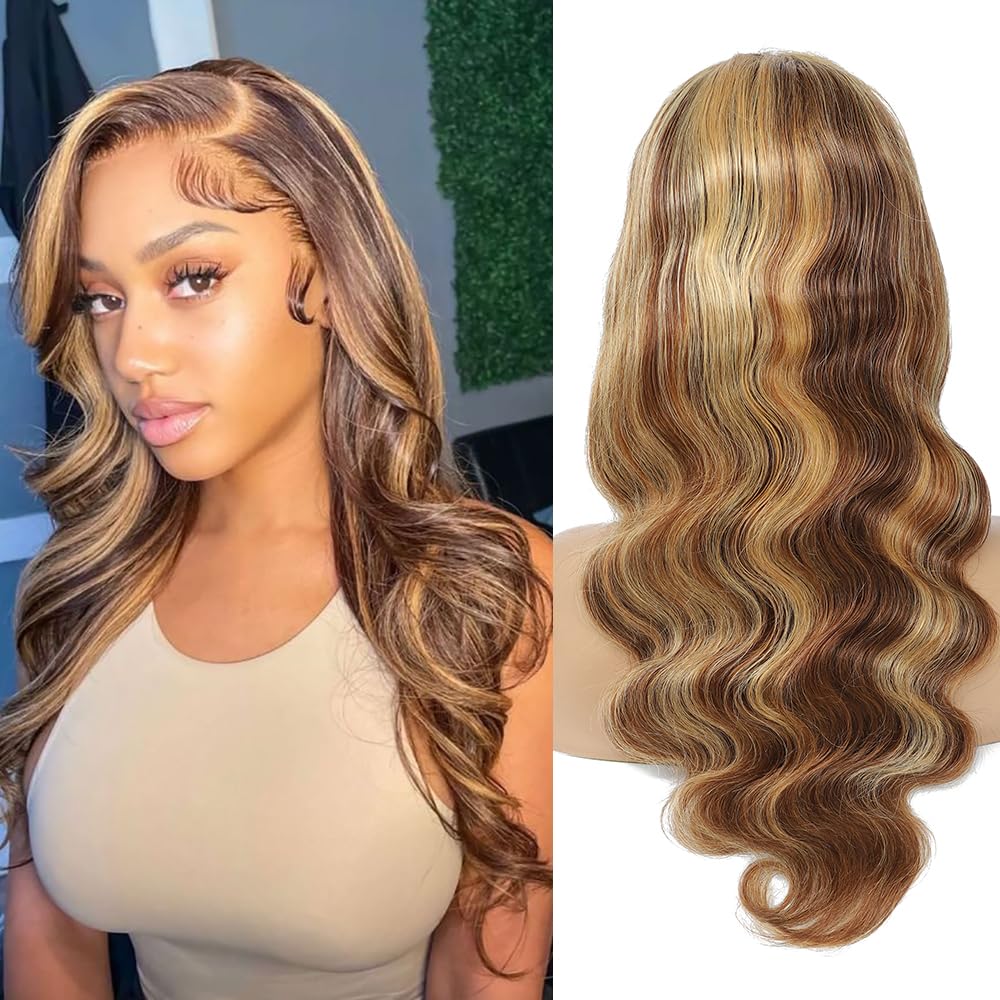 vivehebe 30Inch Ombre Lace Front Wig Human Hair Highlight Wig Human Hair 13x4 HD Transparent Body Wave Lace Front Wigs Human Hair 180% Density Honey Blonde Wig Human Hair Wigs for Women Pre Plucked