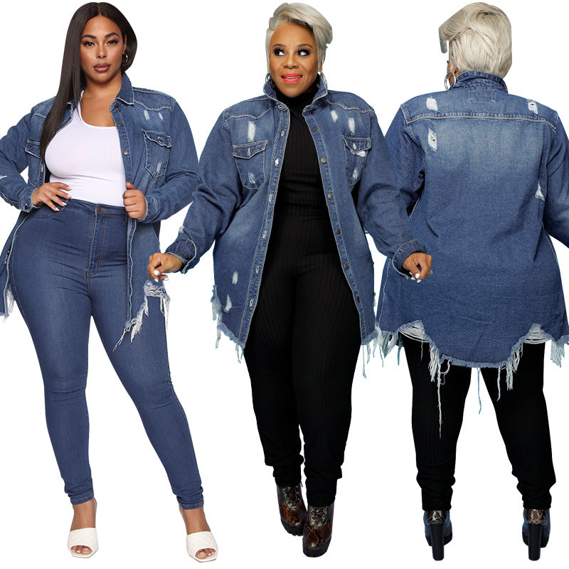 Distressed Denim Trench for Women