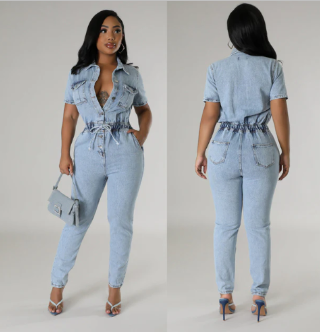 Chic Blue Denim Jumpsuit Set W-0166013